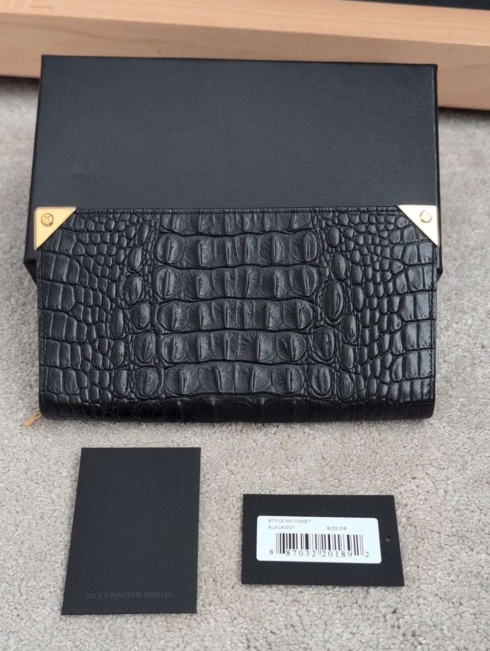 Alexander Wang Black Croc-Embossed Zip Prisma Wallet with Gold Corner Hardware